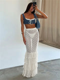 PICSGIRL  -  Ruffled Lace See-Through Long Skirt For Women High Waist Slim Hollow Out Summer 2024 Patchwork Fashion Maxi Skirt Female