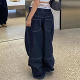 PICSGIRL  -  Harajuku Street Fashion Women Baggy Jeans Fold Detail Y2K Oversized Denim Pants Hip Hop Loose Sweatpants  Dark Blue