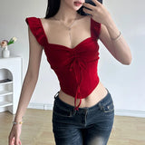 PICSGIRL  -  Spicy Girl Drawstring Pleated Small Flying Sleeves Open Navel T-shirt Summer INS American Slim Fit New Square Neck Top Trendy