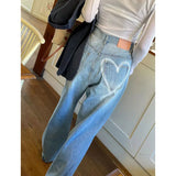 PICSGIRL  -  Women Jeans with Heart Vintage Y2k 90s Aesthetic Baggy Denim Trouser 2000s Harajuku Kawaii Wide Cowboy Pants Trashy Clothes 2024