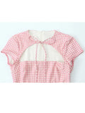 PICSGIRL - Female Fashion Summer Sweet Pink Short Sleeves Hollow Out Dress Casual Mini Dresses Women's Plaid Bow Lace up Dress