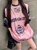 PICSGIRL  -  Satin Pink Sport T Shirts Women Letter Print Patchwork Short Sleeve Tops American Retro Summer Basketball Loose Clothes