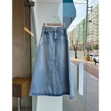 PICSGIRL  -  Summer Vintage Blue Women Denim Skirt Streetwear American Style Casual High Waist Ladies Slit Jean Medium and Long A-line Skirt