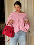 PICSGIRL  -  Chic Loose Women's Hollow Out Knitted Pullover Chic Round Neck Lantern Long Sleeve Casual Sweaters Female High Street Jumpers