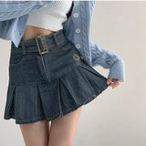 PICSGIRL  -  Denim Pleated Mini Skirt Vintage Sexy High Waist A-line Belt Women Embroidery Jean Short Skirt Summer Japanese Y2k