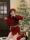 PICSGIRL  -  New Year's Robe Red Skirt Set Autumn/Winter Christmas Dress Up High End Sweet Short Coat Mini Skirt Two Piece Set Women Outfits