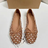 PICSGIRL  -  Luxury Rhinestones Women Shoes Spring Shallow Breathable Mesh Round Toe Bling Bowtie Elegant Ballet Flats for Female