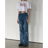 PICSGIRL  -  Women's Blue Bow Jeans Korean Baggy Cowboy Pants Harajuku Wide Denim Trouser 90s Aesthetic Y2k 2000s Trashy Emo Clothes 2024