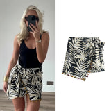 PICSGIRL  -  Women's Clothing 2024 Summer New High Waist Printed Asymmetric Short Skirt Tassel Skirt