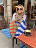 PICSGIRL  -  Casual Knitted Colorful Stripes Sweater Women Fashion O Neck Puff Long Sleeves Short Pullover Autumn Lady High Street Jumper