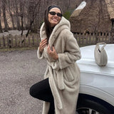 PICSGIRL  -  casual winter outfits Belted Faux Mink Fur Coat Women 2024 Winter Beige Gradient Furry Fur Jacket Luxury Brand Hooded Warm Outerwear Overcoat