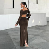 PICSGIRL  -  Sexy Off Shoulder Ruched Dress Sets Women Fashion Metal Accessories Long Sleeved Top Split Skirt 2 Piece Autumn Vacation Outfits