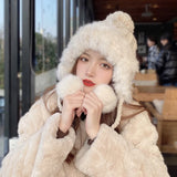 PICSGIRL  -  Winter Furry Knitted Hat for Women Girls Rabbit Fur Pompom Woolen Beanies Plush Thick Ear Protection Cap Windproof Skiing Bonnet