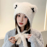 PICSGIRL  -  Winter Fur Hat Cat Women Ears Bow Knitted Beanies with Strap Outdoor Windproof Warm Thickened Bonnet Fashion Ear Protection Caps