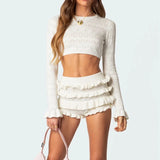 PICSGIRL  -  Vintage Outfits 2 Piece Set Knitted Long Sleeve Crop Sweater Tops + Ruffles Shorts Women Autumn Matching Suit Y2K Streetwear