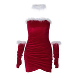 PICSGIRL  -  Christmas Velvet Feathers Mini Party Dress with Gloves Women Sexy Strapless Wrap Ruched Bodycon Clubwear Xmas Outfits Vestidos