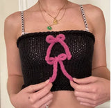PICSGIRL  -  Y2K Cute Bow Knitted Crop Tops E-girl Kawaii Slim Fit Vest Fairycore Vintage Chic Women Backless Camis 00s Retro Streetwear