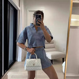 PICSGIRL  -  Fashion Casual Denim Skirt Women Set Short Skirt 2024 Summer New Turn Down Collar Short Sleeve Pullovers Top+Skirt Two Piece Set