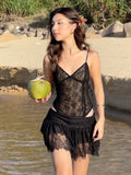PICSGIRL  -  Sexy Lace Two-Piece Set Women See Through Sleeveless Bodysuit+Patchwork Mini Skirt Midnight Beach Party Matching Suit