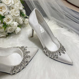 PICSGIRL  -  Rhinestone Satin Pointed Toe Pumps Women Fashion Elegant High Heels Women Stiletto Heel Luxury Crystal Shine Wedding Dress Shoes