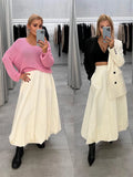 PICSGIRL -   Silk Satin White Maxi Skirt Long Ruffled Pleated Skirts Elegant Lantern Pants A-Line Silk Long Skirts For Women New