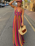 PICSGIRL  -  Fashion Striped Colorful Patchwork Halter Maxi Dress Chic Sleeveless Backless Long Dresses 2024 Summer Holiday Beach Party Robes