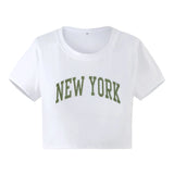 PICSGIRL  -  New York Letter Print Tee Women Contrast Patchwork Crew Short Sleeve Slim Versatile T-shirt Hottie Fashion Top Streetwear