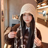 PICSGIRL  -  Winter Handmade Beanies for Women Fashion Tassel Thickened Warm Knitted Pullover Hat Outdoor Ear Protection Strap Woolen Bonnets