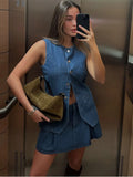 PICSGIRL  -  2025 Spring New Denim Mini Pleated Skirt Sets For Women Single Breasted Tank Tops Y2K Short Skirt 2 Pieces Sets Lady Chic Outfit