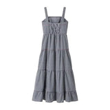 PICSGIRL  -  Seaside Holiday Strap Embroidered Cotton Long Dress for Women Fashion Casual Tight Waist Large Dress Summer Plaid Maxi Dress