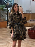 PICSGIRL -  Lady Elegant Leopard Print Lapel Cake Dress Chic Female Lantern Sleeves Waist Wrapped Dresses 2024 Spring Leisure Commuter Wear