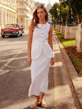 PICSGIRL  -  Summer Slim White Cotton Two Piece Set Women Outfit Elegant Sleeveless Tops With High Waist Long Skirts Sets