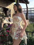 PICSGIRL  -  Sweet 2Piece Set Women Flower Print Single-Breasted Metal Buckle Wrap Mini Top+Patchwork Lace Folds Skirt Matching Suits