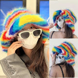 PICSGIRL  -  Rainbow Spliced Fisherman Hat Multi color Fashion Autumn and Winter ins Fur Fisherman Hat Warm Pot Hat Show Small Face