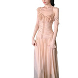 PICSGIRL  -  French Style Drawstring Pleated Dress, Sexy Waist Closure, Slim and Long Skirt, Hollowed Out Mesh Hanging Neck Long Skirt