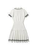 PICSGIRL  -  Preppy Style Casual Knitted Elastic Waist Patchwork A-Line Dress Casual Turn-Down Collar Short Sleeve Slim Student Dresses