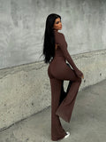 PICSGIRL  -  Cut Out Shawl Top Tank Jumpsuit Women Crew Long Sleeve Slim Casual One-piece Flare Pants Leisure Suit Hottie Streetwear