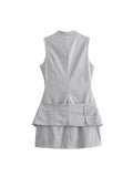 PICSGIRL  -  Womens Fashion Streetwear High Waist Gray Short Dress Ladies Autumn New Casual Sleeveless High Collar Mini Dresses