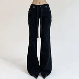 PICSGIRL  -  Low Rise Flare Jeans Women Grunge Y2k Cargo Pants 90s Vintage Clothes Black Brown Denim Trousers Streetwear