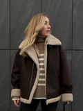 PICSGIRL  -  Vintage Plush Suede Zipper Jackets Women Casual Loose Lapel Brown Jacket Coats With Pockets Female Winter Warm Street Outwear