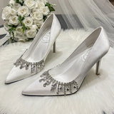 PICSGIRL  -  Rhinestone Satin Pointed Toe Pumps Women Fashion Elegant High Heels Women Stiletto Heel Luxury Crystal Shine Wedding Dress Shoes