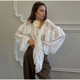 PICSGIRL  -  Fashion Women's Ruffle Shirts Loose V-neck Long Lantern Sleeve Female Blouses 2025 Spring Summer Lady Sexy See Through Shirt New