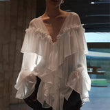 PICSGIRL  -  Fashion Women's Ruffle Shirts Loose V-neck Long Lantern Sleeve Female Blouses 2025 Spring Summer Lady Sexy See Through Shirt New