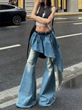 PICSGIRL  -  Y2K European and American Retro Washed Design Splicing Fake Two-piece Blue Jeans Women's Popular Loose Sexy Bell-bottom Pants