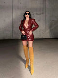 PICSGIRL  -  Women Sexy Deep V Red Lattice Leather Mini Dress Fashion Long Sleeve High Waist Fold Slim Dresses Lady New Highstreet Short Robe