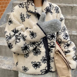 PICSGIRL  -  Sweet Flower Pattern Double-Sided Wear Outerwear Korean Series Faux Lamb Wool Jacket Women Winter Clothing Loose Warm Thick Coat