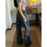 PICSGIRL  -   Vintage Appliques High Waist High Street Style Blue Straight Jeans Pants Korean Fashion Women Wide Leg Baggy Y2K Denim Trouser