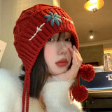 PICSGIRL  -  Knitted Beanies Hat for Women Bohemian Tassel Flower Crocheted Woolen Pullover Cap Autumn Winter Warm Thicken Ear Protection Cap