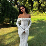 PICSGIRL  -  Elegant Off The Shoulder Bodycon Dress 2024 New in White Flare Sleeve Lace Maxi Dress Wedding Guest Dress for Women