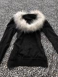 PICSGIRL  -  Solid Zip Up Letter Printed Fur Collar Hoodies Slim Fit Comfortable Simplicity Black Sweatshirts Warm Basic Version Tops